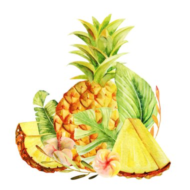 Tüm ananas ve dilimlenmiş suluboya, egzotik çiçekler ve tropikal yapraklar, beyaz arka planda izole edilmiş çizimler.