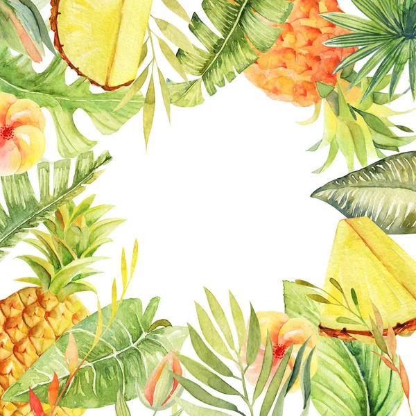 Cornice Floreale Ananas Acquerello Fiori Ibisco Piante Foglie Verdi Tropicali — Foto Stock