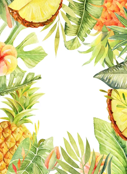 Květinový Rám Akvarel Ananasu Květy Ibišku Tropicky Zelené Rostliny Listy — Stock fotografie