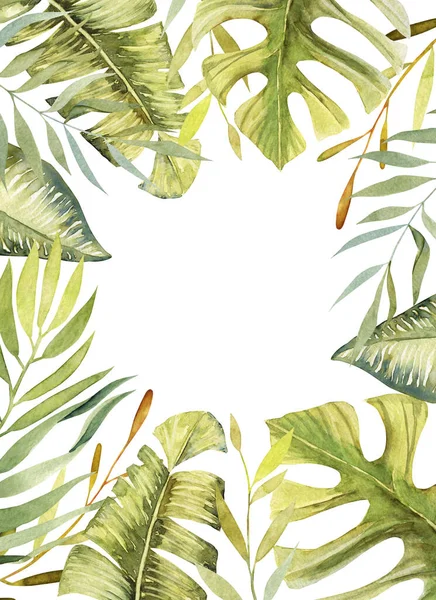 水彩の花枠熱帯緑の植物や葉 白地に手描きイラスト グリーティングカードデザイン — ストック写真