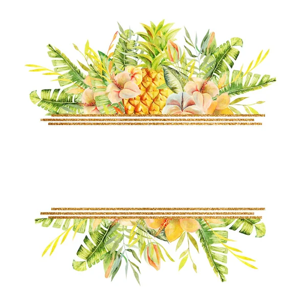 Cornice Orizzontale Dorata Fiori Ibisco Acquerello Ananas Piante Foglie Verdi — Foto Stock