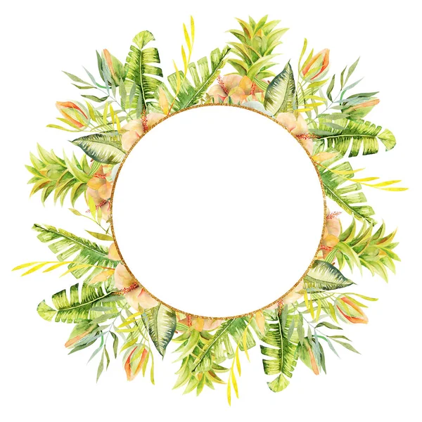 Золотая Круглая Рамка Акварели Зеленые Растения Листья Цветы Ручная Раскрашенная — стоковое фото