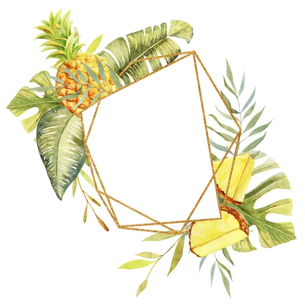 Altın Geometrik Çerçeveli Suluboya Ananas Tropikal Yeşil Bitkiler Yapraklar Beyaz — Stok fotoğraf