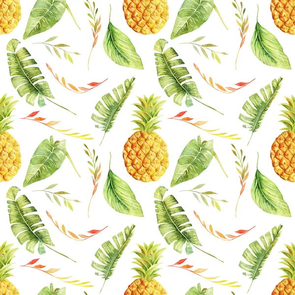 Nahtloses Muster Aus Aquarell Ananas Und Tropischen Blättern Handgemalte Isolation — Stockfoto