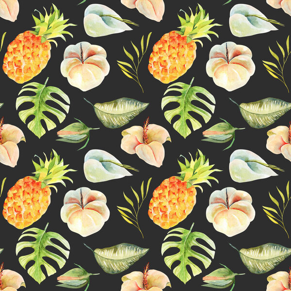 Seamless pattern of watercolor pineapple and tropical flowers and leaves, hand painted isolated illustration on dark background