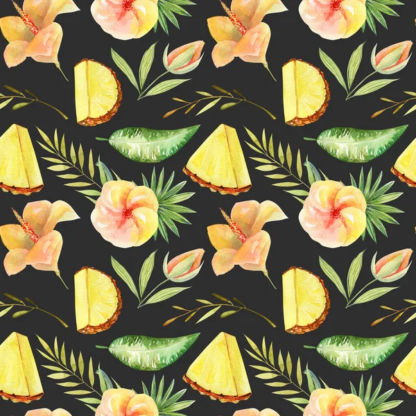 Płynny Wzór Akwareli Plasterkach Ananasa Tropikalnych Zielonych Roślin Liści Ręcznie — Zdjęcie stockowe