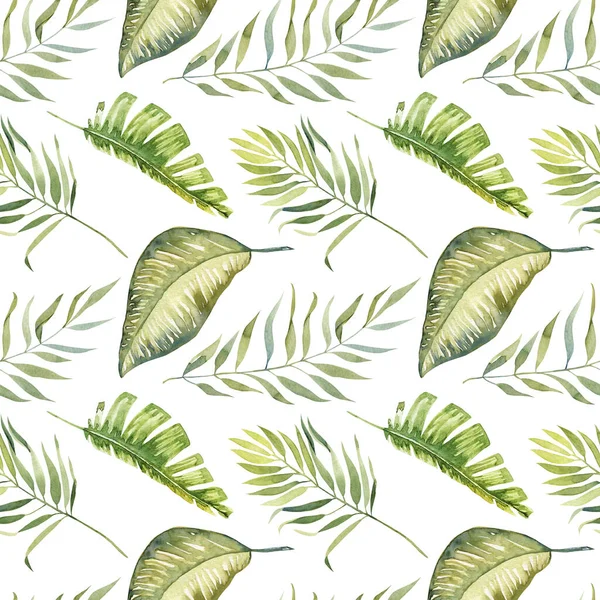 Seamless Pattern Watercolor Green Tropical Leaves Hand Painted Isolated White — Stock Photo, Image