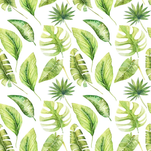 Seamless Pattern Watercolor Green Tropical Leaves Monstera Banana Palms Hand — Stock Photo, Image