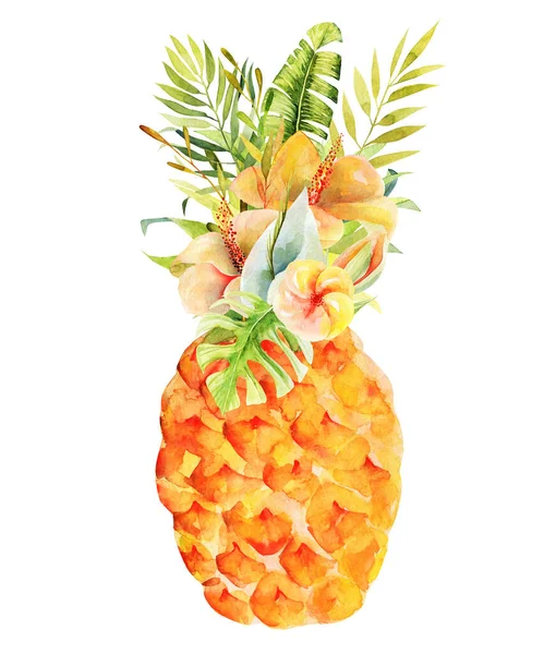 Akvarel Květinový Ananas Izolované Ilustrace Bílém Pozadí — Stock fotografie