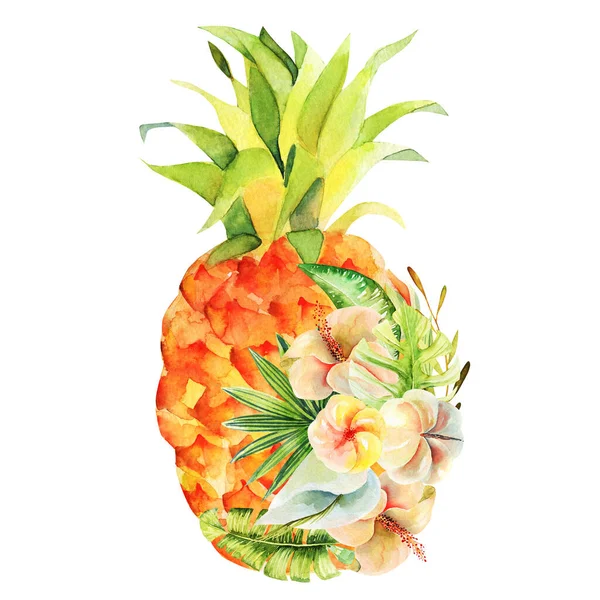 Composition Ananas Aquarelle Des Fleurs Exotiques Illustration Isolée Sur Fond — Photo