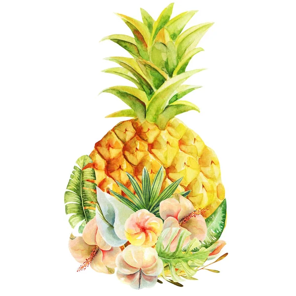 Složení Akvarelu Ananas Exotické Květiny Izolované Ilustrace Bílém Pozadí — Stock fotografie