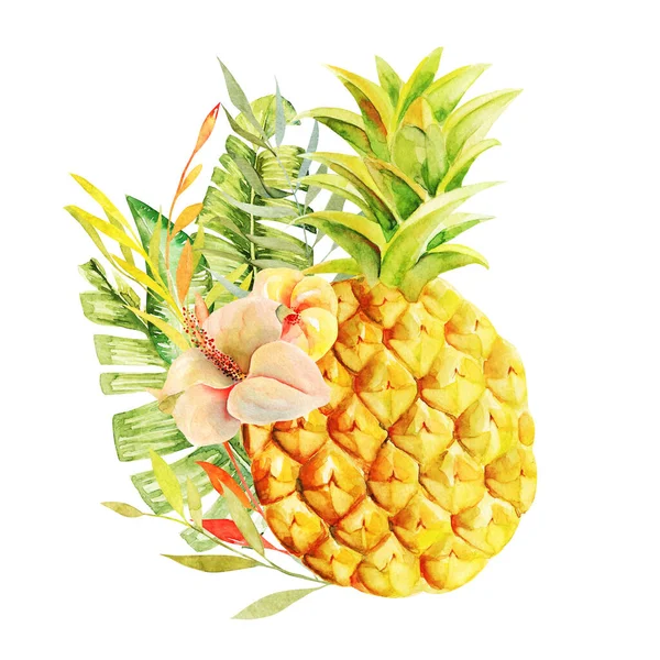 Složení Akvarelu Ananas Exotické Květiny Izolované Ilustrace Bílém Pozadí — Stock fotografie