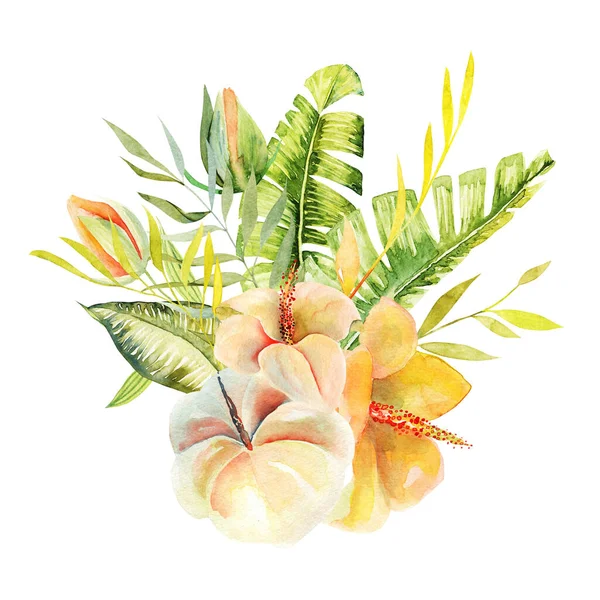 Buquê Aquarela Flores Exóticas Folhas Tropicais Ilustração Isolada Sobre Fundo — Fotografia de Stock