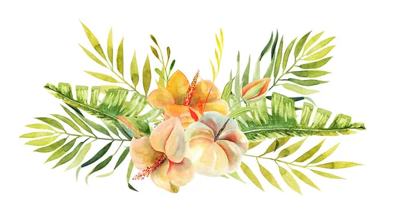 水彩画の花束エキゾチックな花や熱帯の葉 白い背景に孤立したイラスト — ストック写真
