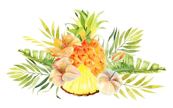 Tüm Ananas Dilimlenmiş Suluboya Egzotik Çiçekler Tropikal Yapraklar Beyaz Arka — Stok fotoğraf