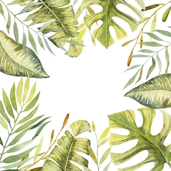 水彩の花枠熱帯緑の植物や葉 白地に手描きイラスト グリーティングカードデザイン — ストック写真