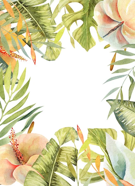 Cornice Floreale Fiori Ibisco Acquerello Piante Foglie Verdi Tropicali Illustrazione — Foto Stock