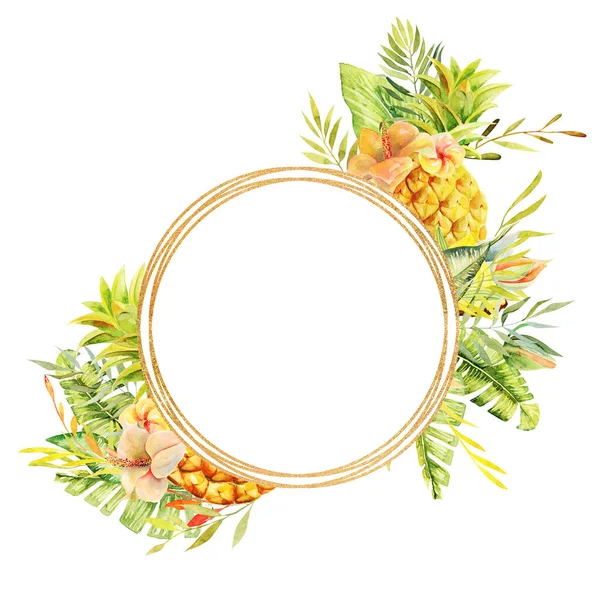 Zlatý Kulatý Rám Akvarelu Ananas Tropické Zelené Rostliny Listy Květiny — Stock fotografie