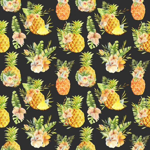 Seamless pattern of floral pineapples and compositions of tropical flowers and fruits, hand painted illustration on dark background