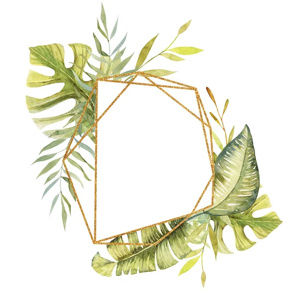 Gouden Geometrische Kader Van Aquarel Tropische Groene Planten Bladeren Met — Stockfoto