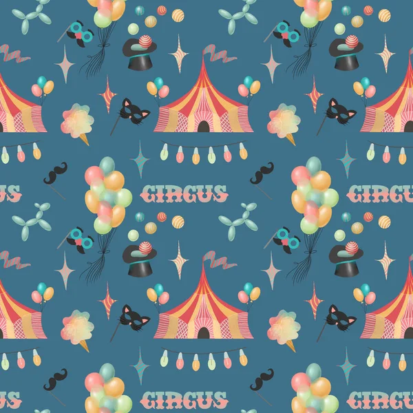 Seamless pattern of hand drawn circus elements and attributes of amusement park (circus tent, air balloons, ice cream, fun masks), illustration on dark blue background