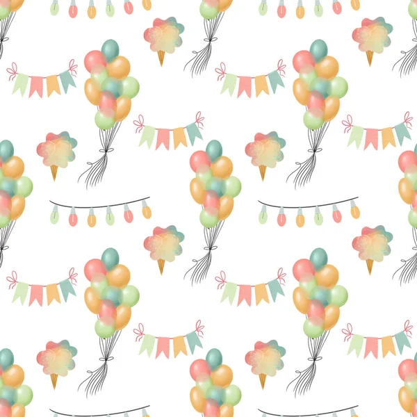 Seamless pattern of hand drawn air balloons, flags, garlands and ice cream, illustration on white background