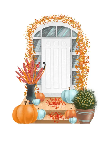 Decorated Harvest Holiday Autumn Entrance Door House Isolated Illustration White — Stock Photo, Image
