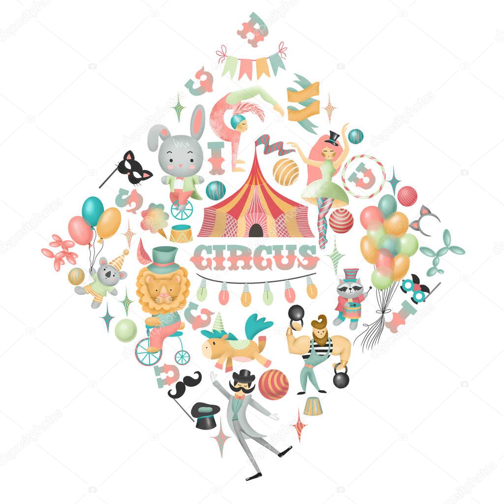 Rhombus composition of hand drawn circus actors, animals and elements of circus or amusement park, isolated illustration on white background