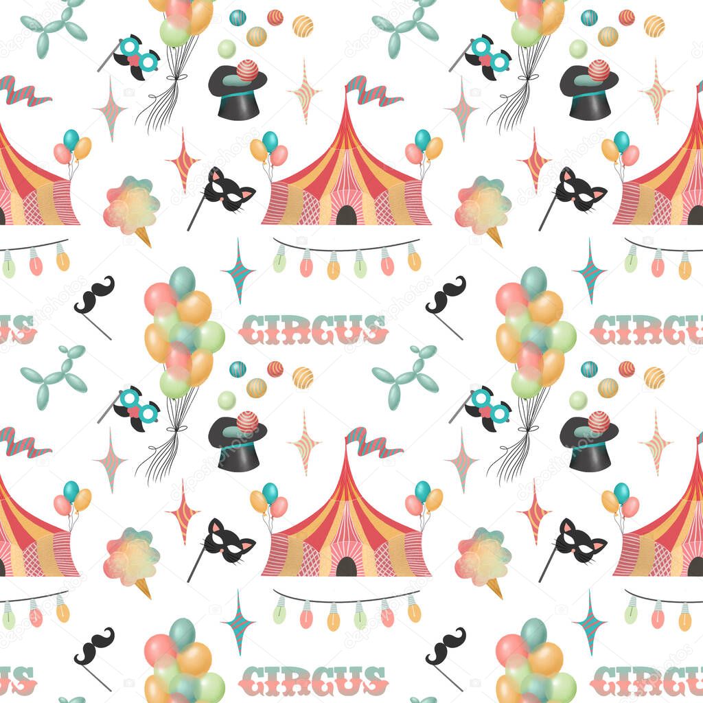 Seamless pattern of hand drawn circus elements and attributes of amusement park (circus tent, air balloons, ice cream, fun masks), illustration on white background