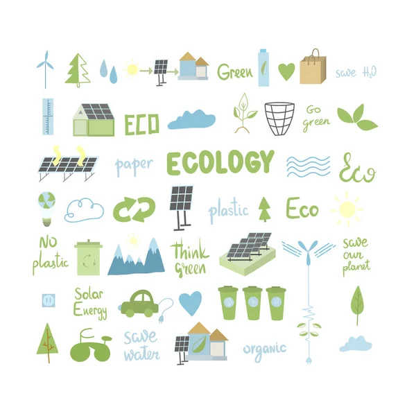 Набір Іконок Ілюстрацій Тему Екології Зеленої Енергії Переробки Відходів Векторні — стоковий вектор