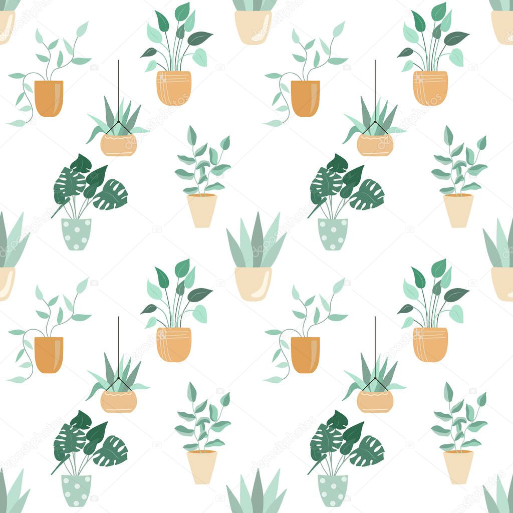 Seamlss pattern with potted flowers, vector illustration on white background, home plants print