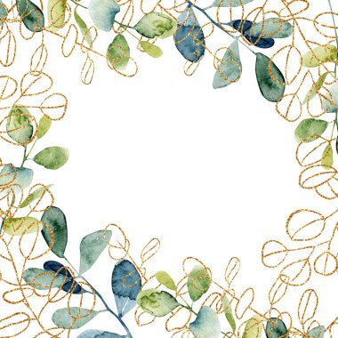 Üzerinde suluboya ve altın okaliptüs dalları olan bir kartpostal, beyaz arka planda el çizimi çizimi, davetiye, kart dekorasyonu, düğün tasarımı, tebrik kartı