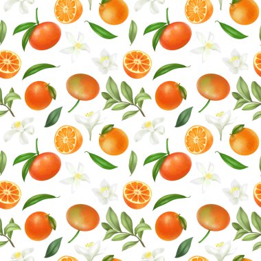 Beyaz arka planda elle çizilmiş mandalinalar ve mandalina çiçekleri ile kusursuz desen