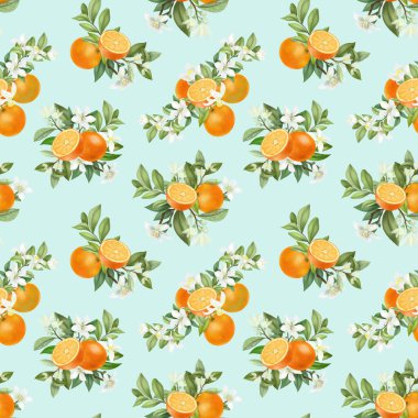 Elle çizilmiş kusursuz desen mavi arka planda çiçek açan portakal ağacı dalları.