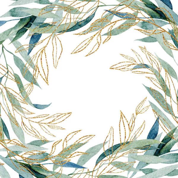 Шаблон Листівки Акварельними Золотими Ботанічними Гілками Намальована Вручну Ілюстрація Білому — стокове фото