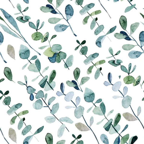 Nahtloses Muster Mit Aquarell Eukalyptuszweigen Handgezeichnete Illustration Auf Weißem Hintergrund — Stockfoto