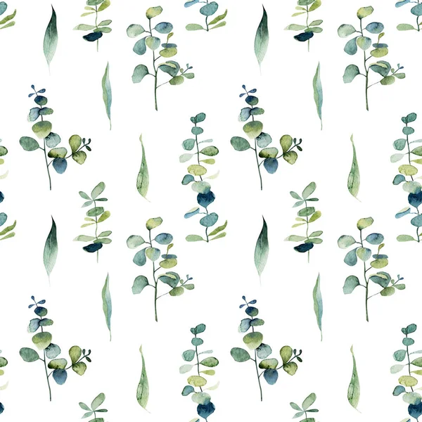 Seamless Pattern Watercolor Eucalyptus Branches Green Leaves Hand Drawn Illustration — Stock Photo, Image