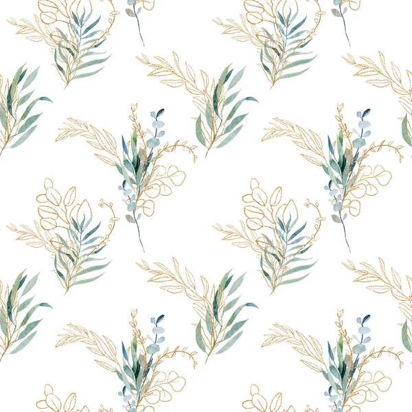 Seamless Pattern Watercolor Golden Eucalyptus Branches Hand Drawn Illustration White — Stock Photo, Image