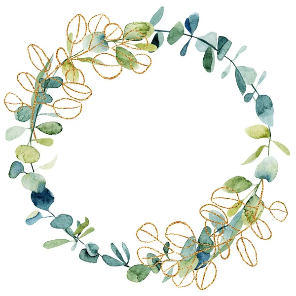 Wreath Watercolor Golden Eucalyptus Branches Leaves Hand Drawn White Background — Stock Photo, Image