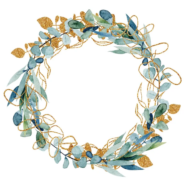 Wreath of watercolor and golden eucalyptus branches and leaves, hand drawn on a white background