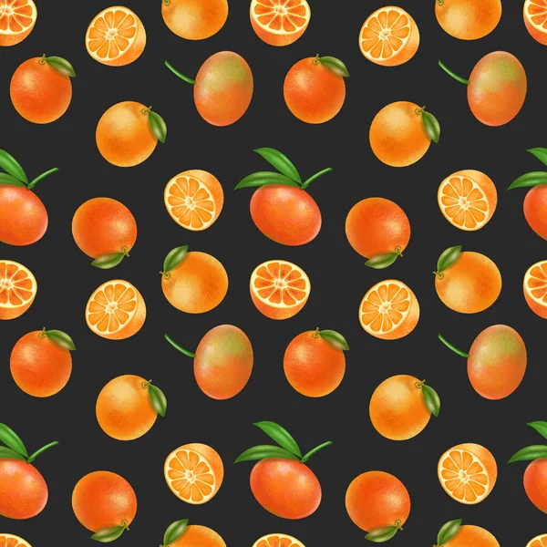 Bezešvé Vzor Ručně Kreslených Mandarinek Tmavém Pozadí — Stock fotografie