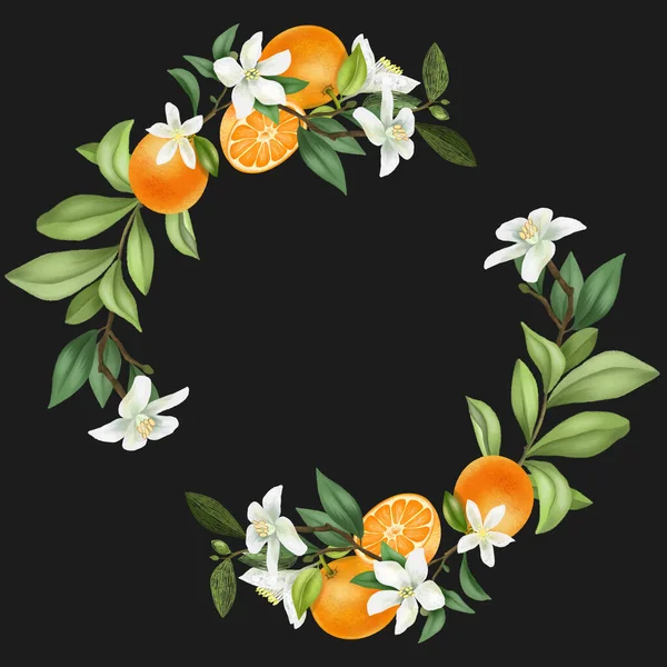 Wreath Hand Drawn Blooming Mandarin Tree Branches Mandarin Flowers Mandarins — Stock Photo, Image