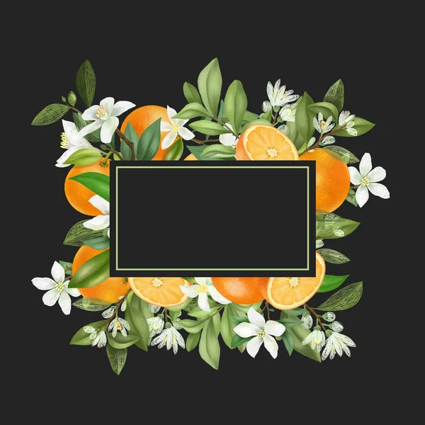 Çerçevesi Beyaz Arkaplanda Çiçek Açan Portakal Dalları Çiçekler Portakallar — Stok fotoğraf