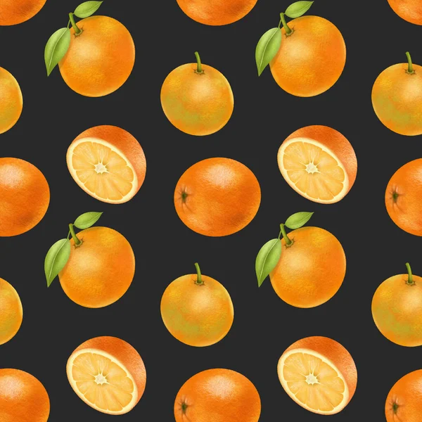 Bezešvé Vzor Ručně Kreslené Pomeranče Tmavém Pozadí — Stock fotografie