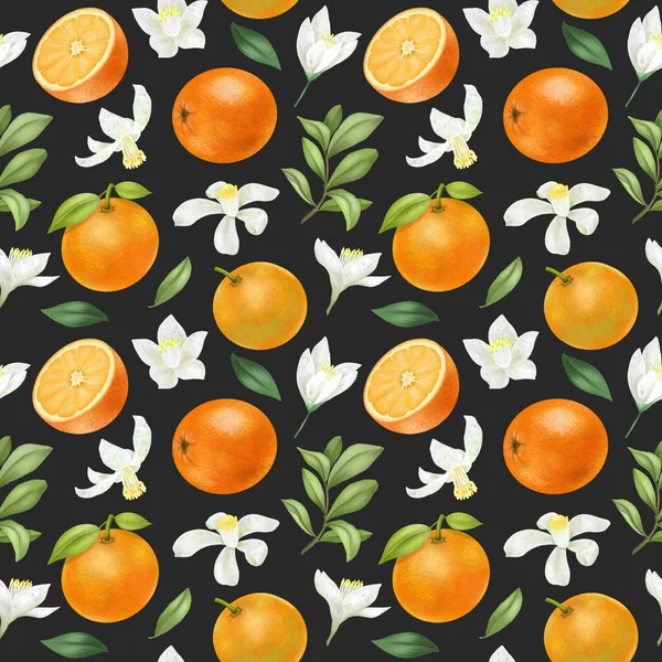 Seamless Pattern Hand Drawn Oranges Orange Flowers Dark Background — Stock Photo, Image