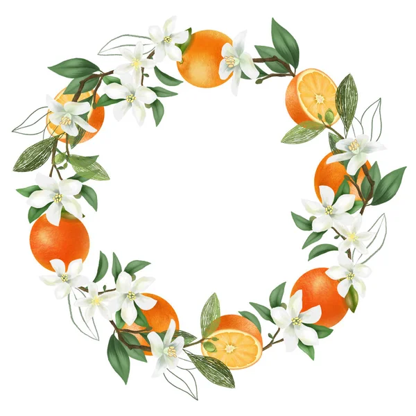 Wreath Hand Drawn Blooming Orange Tree Branches Orange Flowers Oranges — Stock Photo, Image