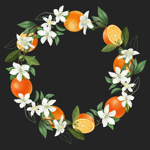 Wreath Hand Drawn Blooming Orange Tree Branches Orange Flowers Oranges — Stock Photo, Image