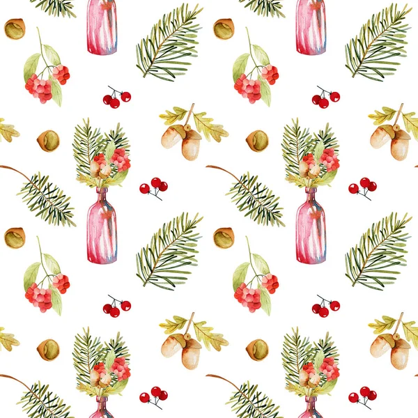 Seamless Pattern Watercolor Autumn Bouquets Decorative Vintage Bottles Pine Branches — Stock Photo, Image