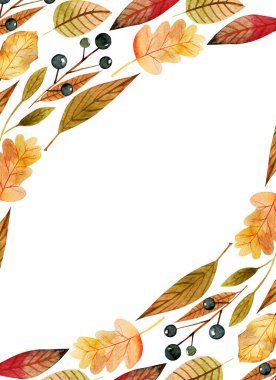 Kart şablonu, suluboya sonbahar ağacı yaprakları ve orman böğürtlenleri çerçevesi; davet için beyaz bir arkaplan üzerine el boyaması illüstrasyon, tebrik kartı