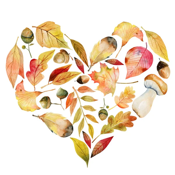 Akvarel Květinové Srdce Složení Podzimních Prvků Listy Stromů Žaludy Umývárny — Stock fotografie